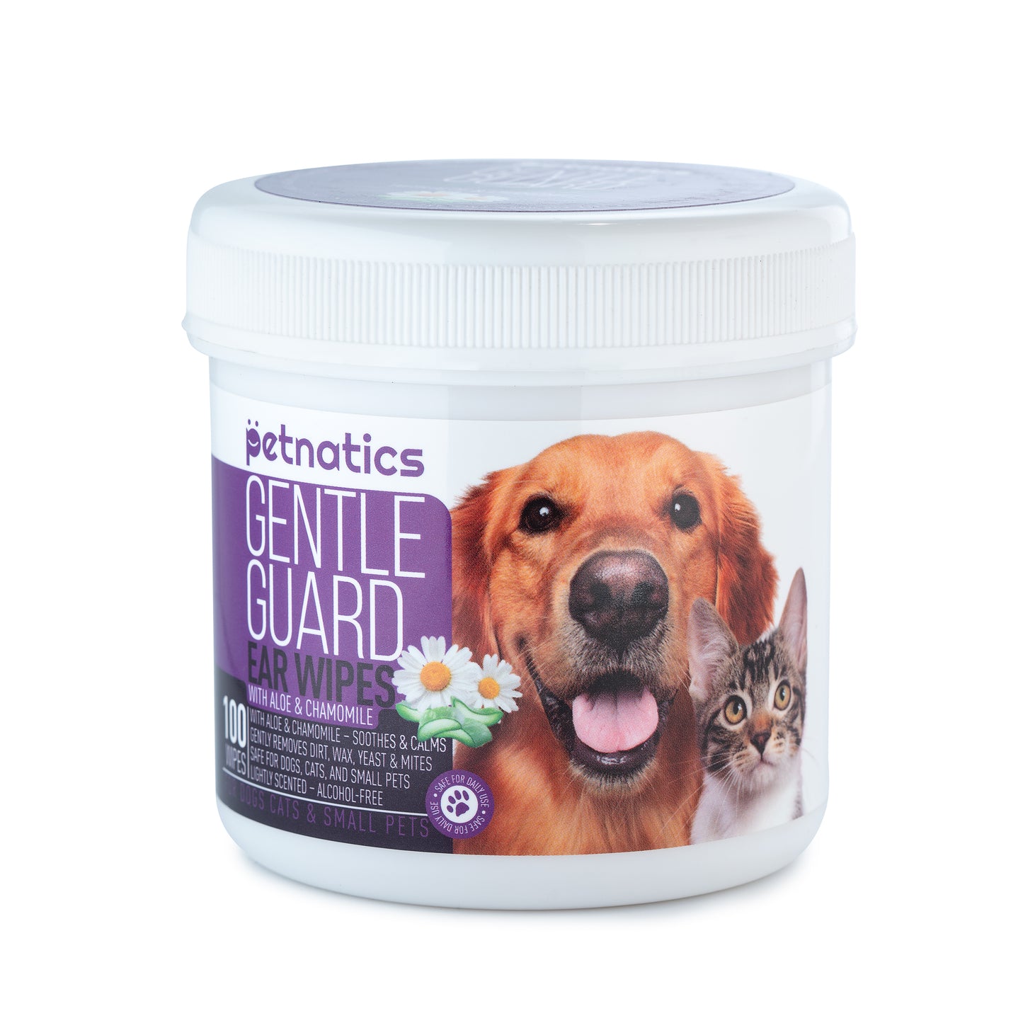 Gentle Ear Wipes for Dogs and Cats in a tub, enriched with chamomile for clean and fresh ears.