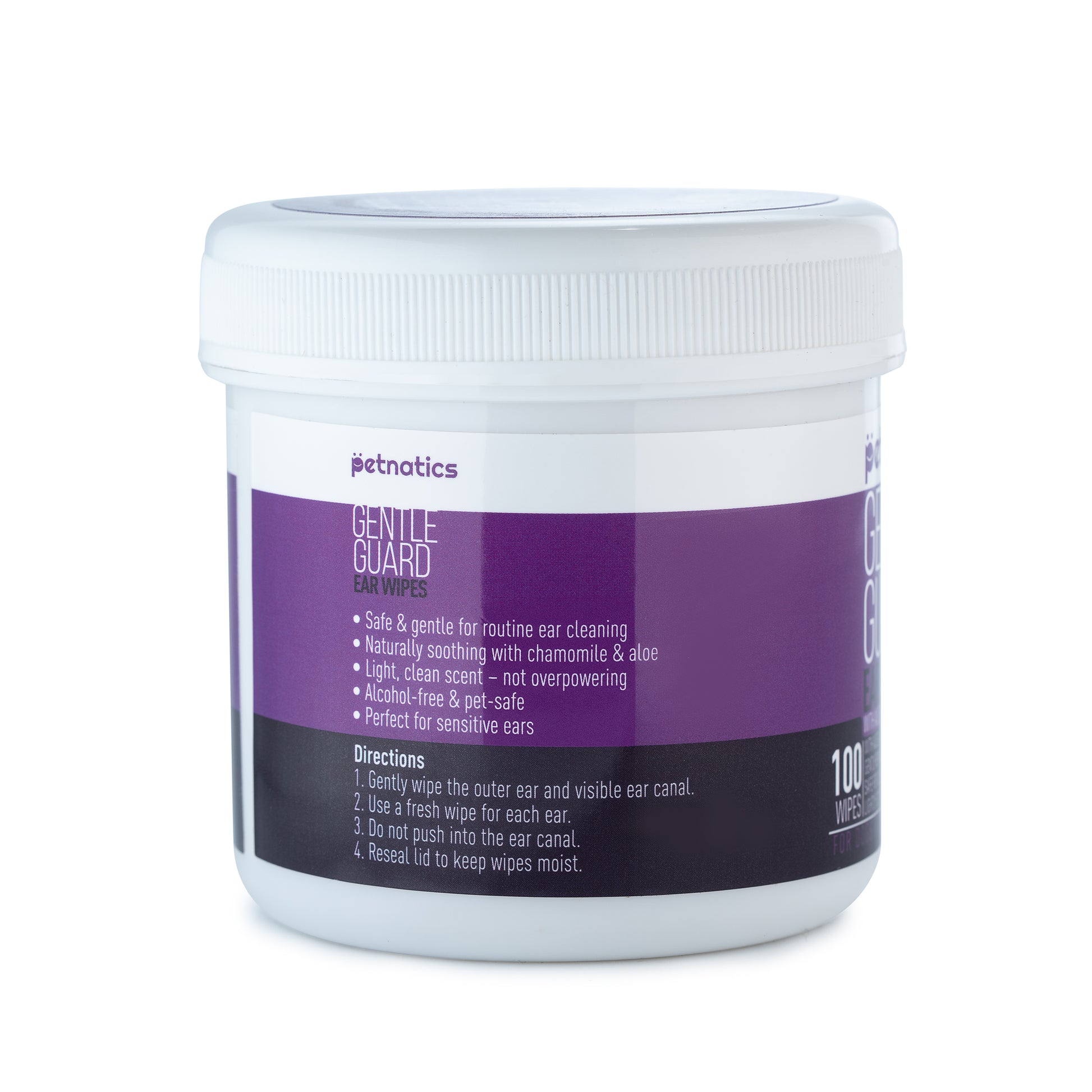 Gentle ear wipes for dogs and cats in a container, ideal for routine ear cleaning and soothing skin.