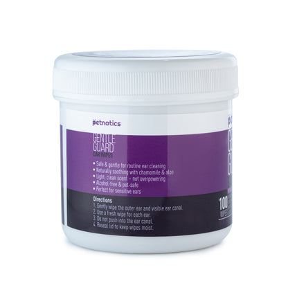 Gentle ear wipes for dogs and cats in a container, ideal for routine ear cleaning and soothing skin.
