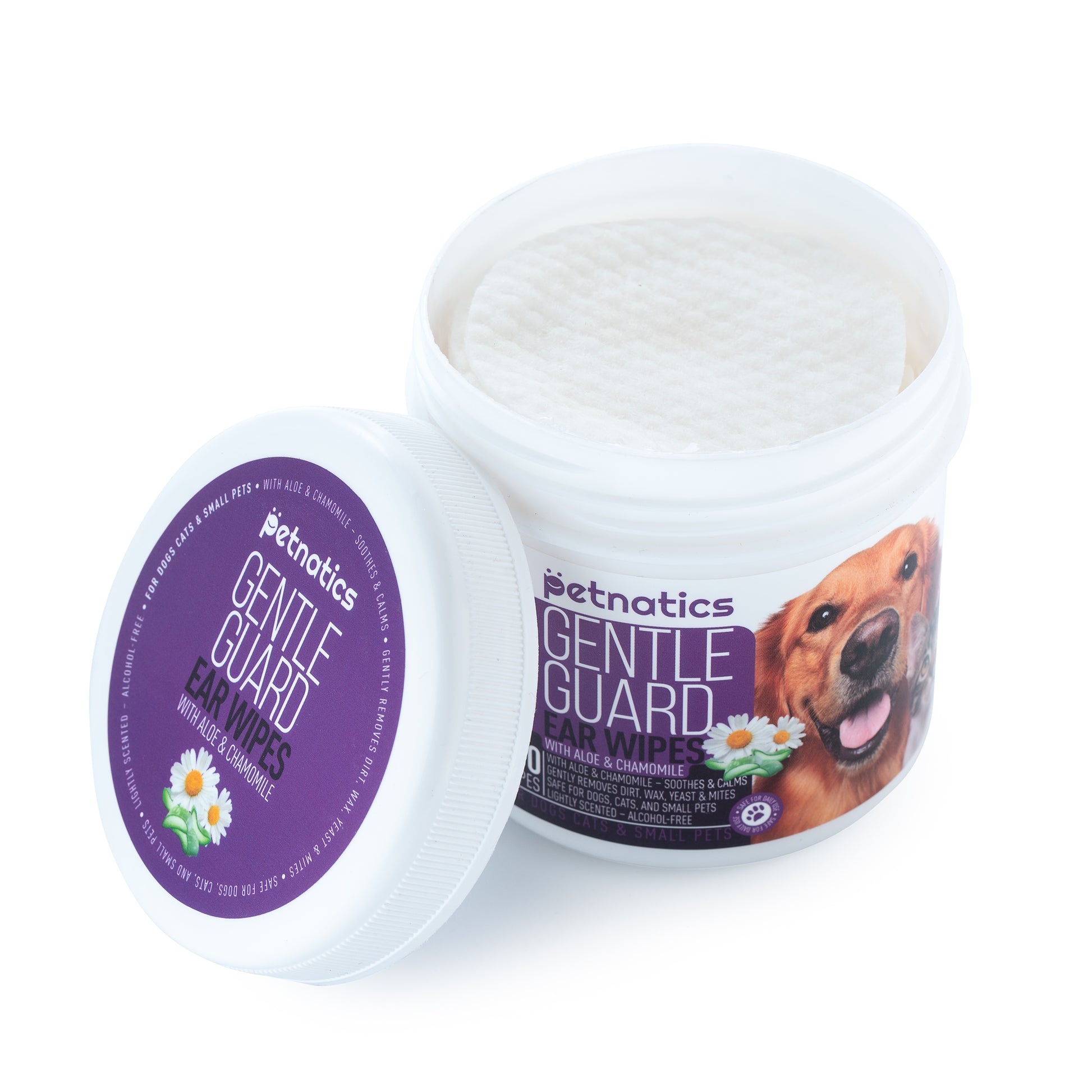 Gentle ear wipes for dogs and cats in a tub with a dog image on the label, enriched with chamomile and aloe.