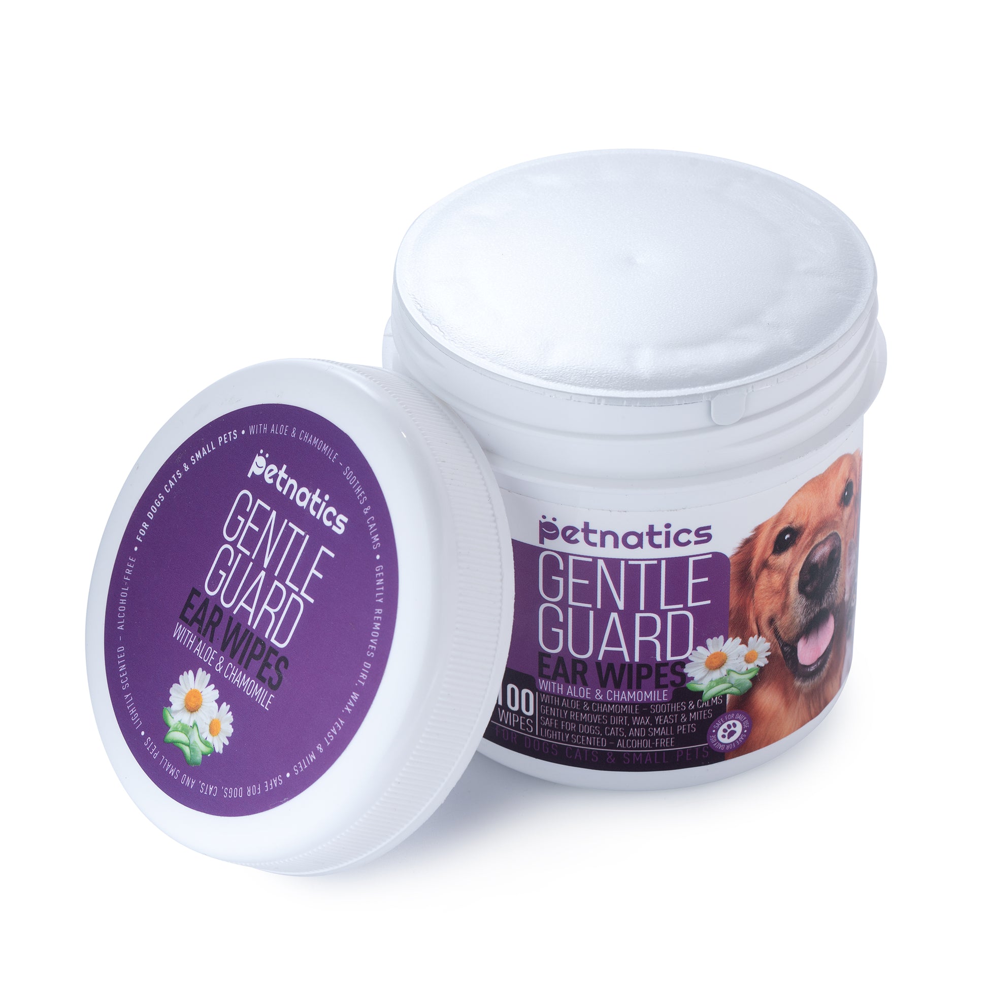 Gentle Ear Wipes for Dogs and Cats in a tub with chamomile and aloe for clean and fresh ears.