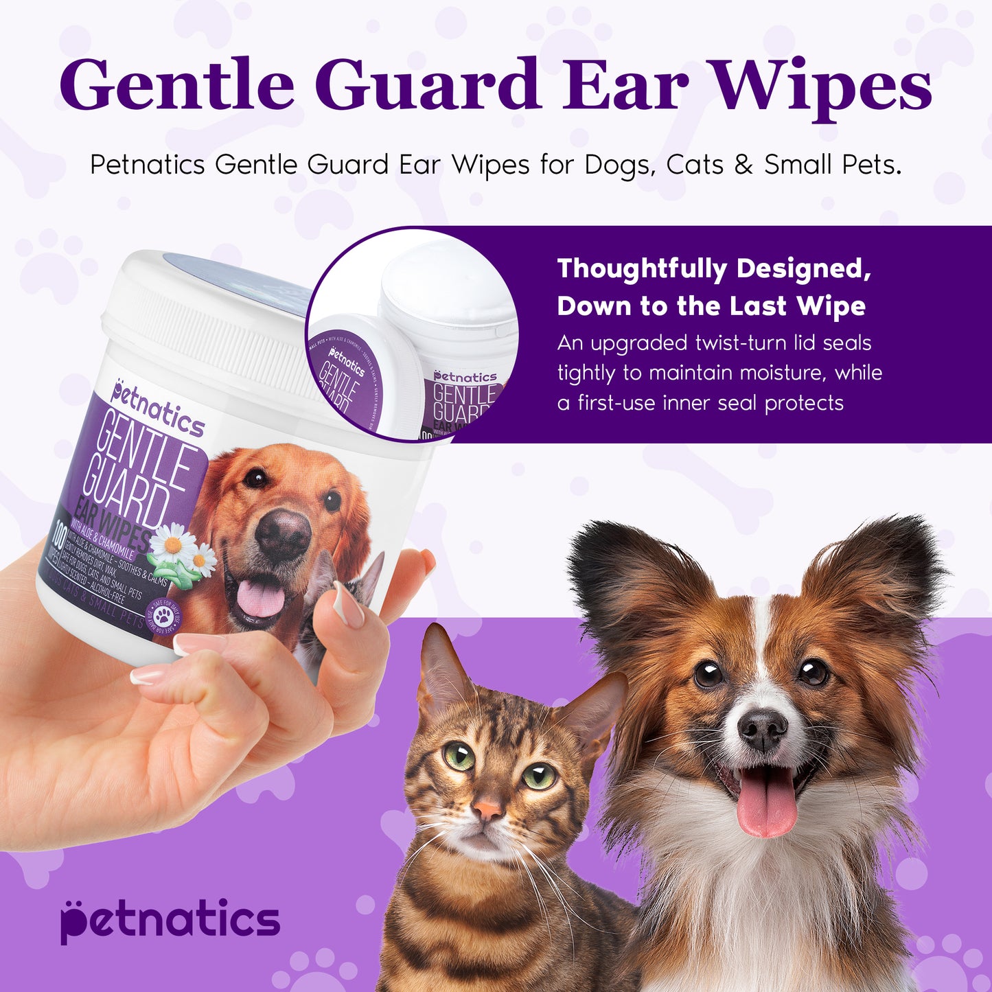 Gentle ear wipes for dogs and cats in packaging with a dog and cat, promoting ear cleaning and comfort.
