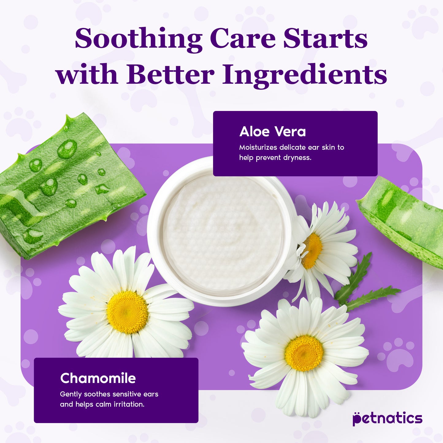 Natural ingredients like aloe vera and chamomile in gentle ear wipes for dogs and cats promote healthy ear care.