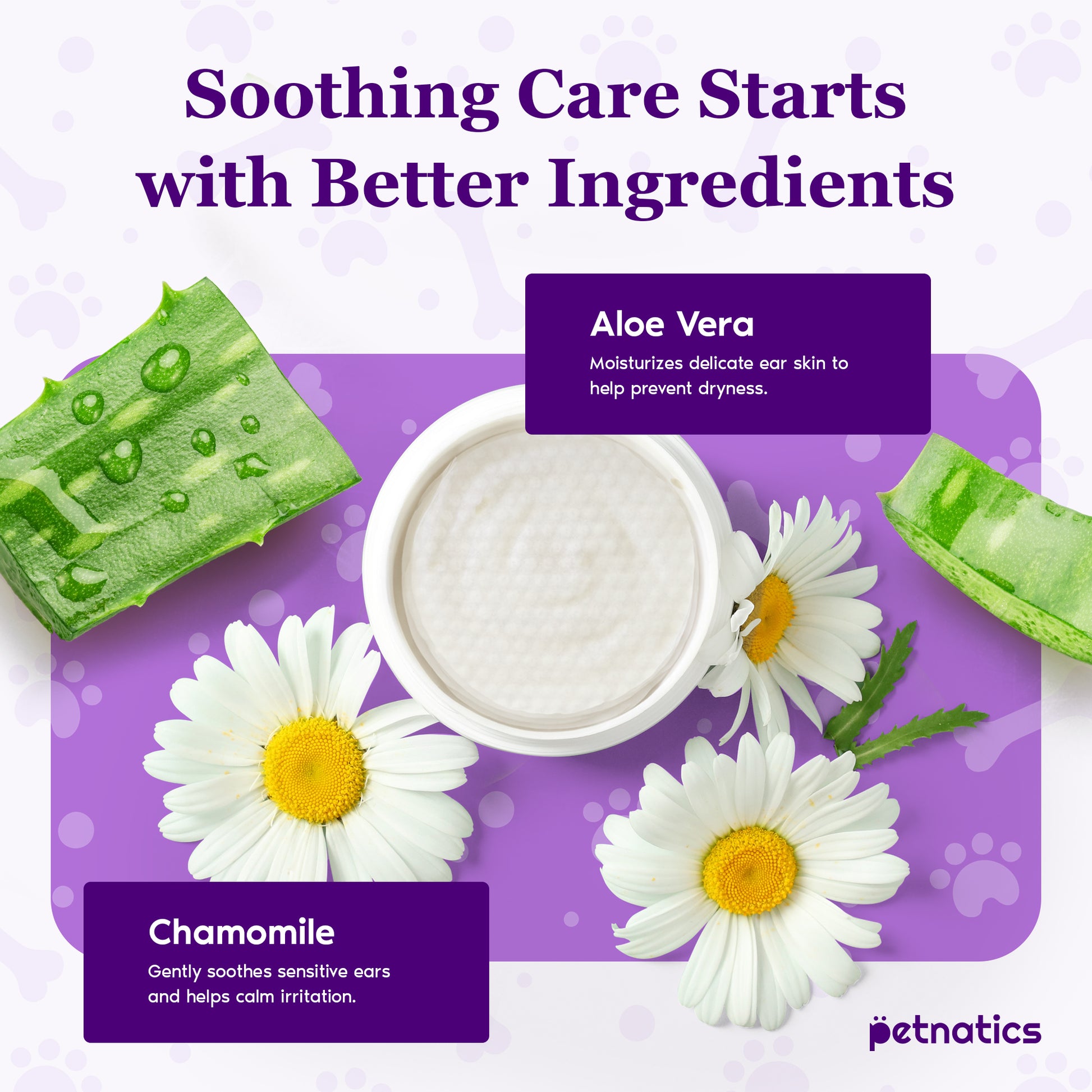 Natural ingredients like aloe vera and chamomile in gentle ear wipes for dogs and cats promote healthy ear care.