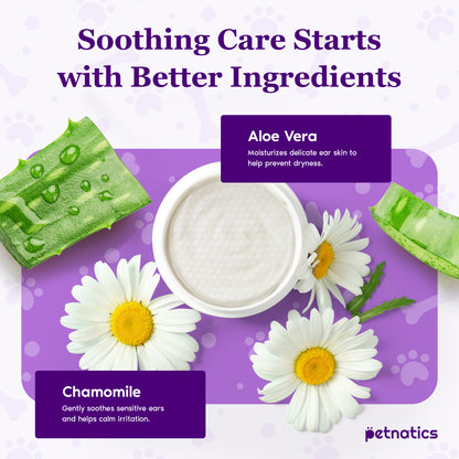 Natural ingredients like aloe vera and chamomile in gentle ear wipes for dogs and cats promote healthy ear care.