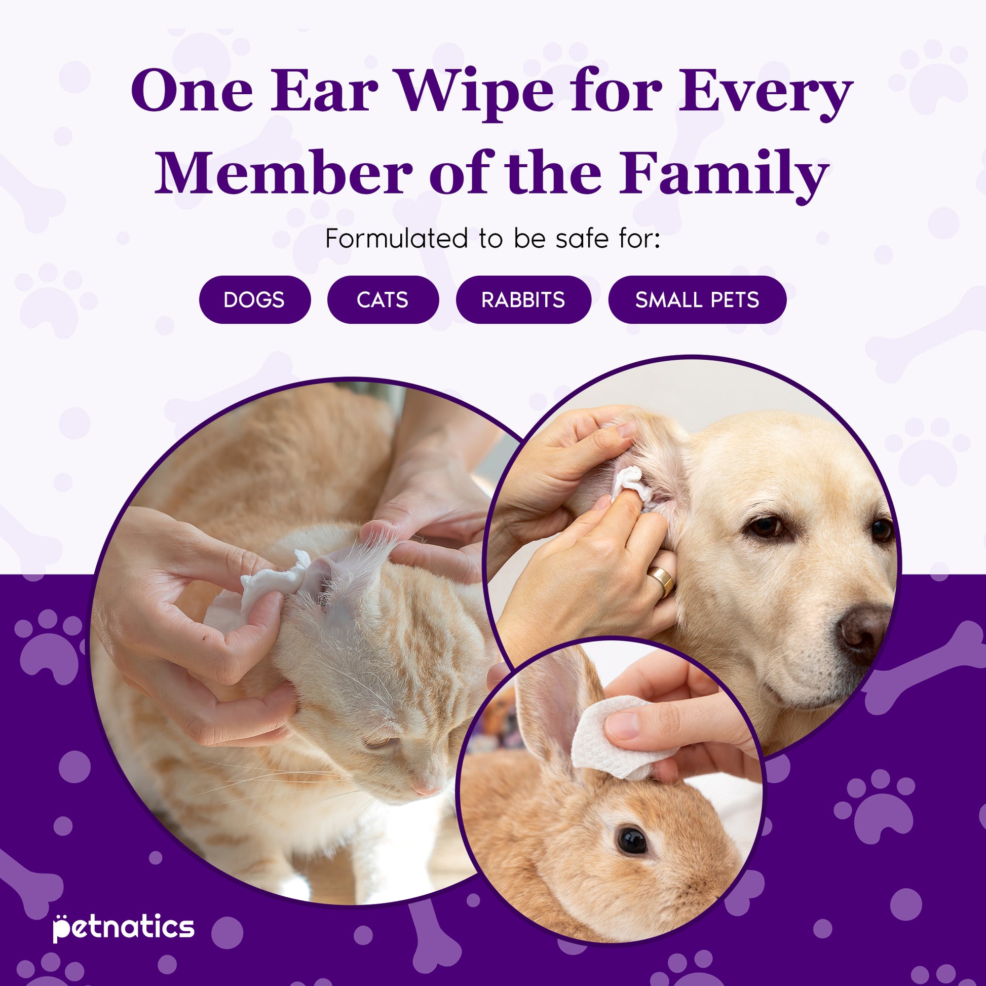 Gentle ear wipes for dogs and cats safe for all family pets including rabbits and small animals.