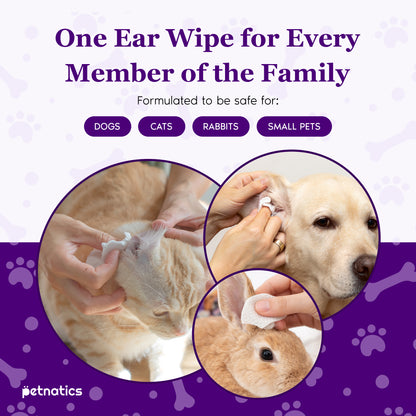 Gentle ear wipes for dogs and cats safe for all family pets including rabbits and small animals.