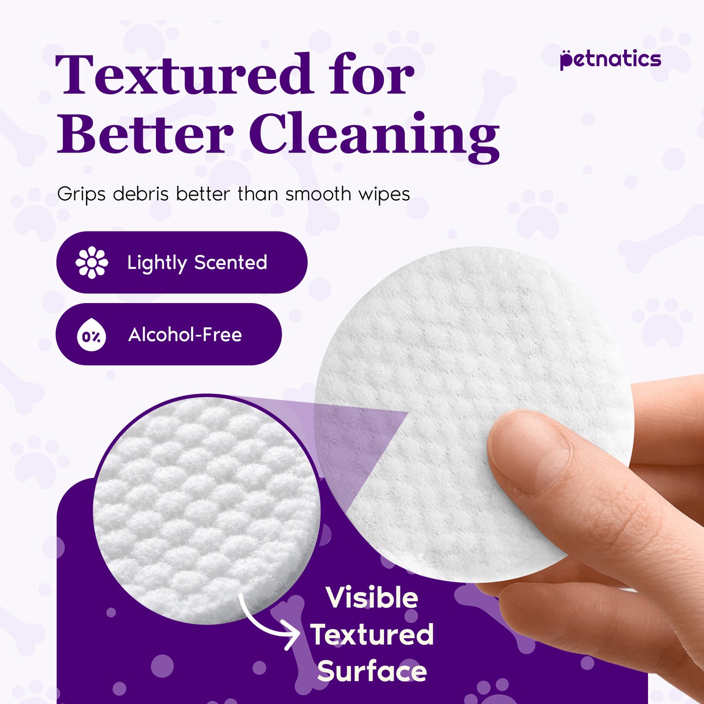 Textured gentle ear wipes for dogs and cats, lightly scented and alcohol-free, provide effective cleaning.