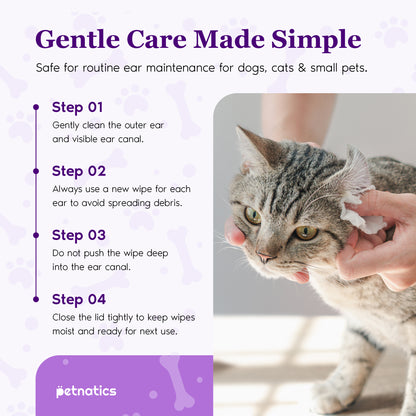 Gentle Ear Wipes for Dogs and Cats step-by-step instructions for ear maintenance with a cat.