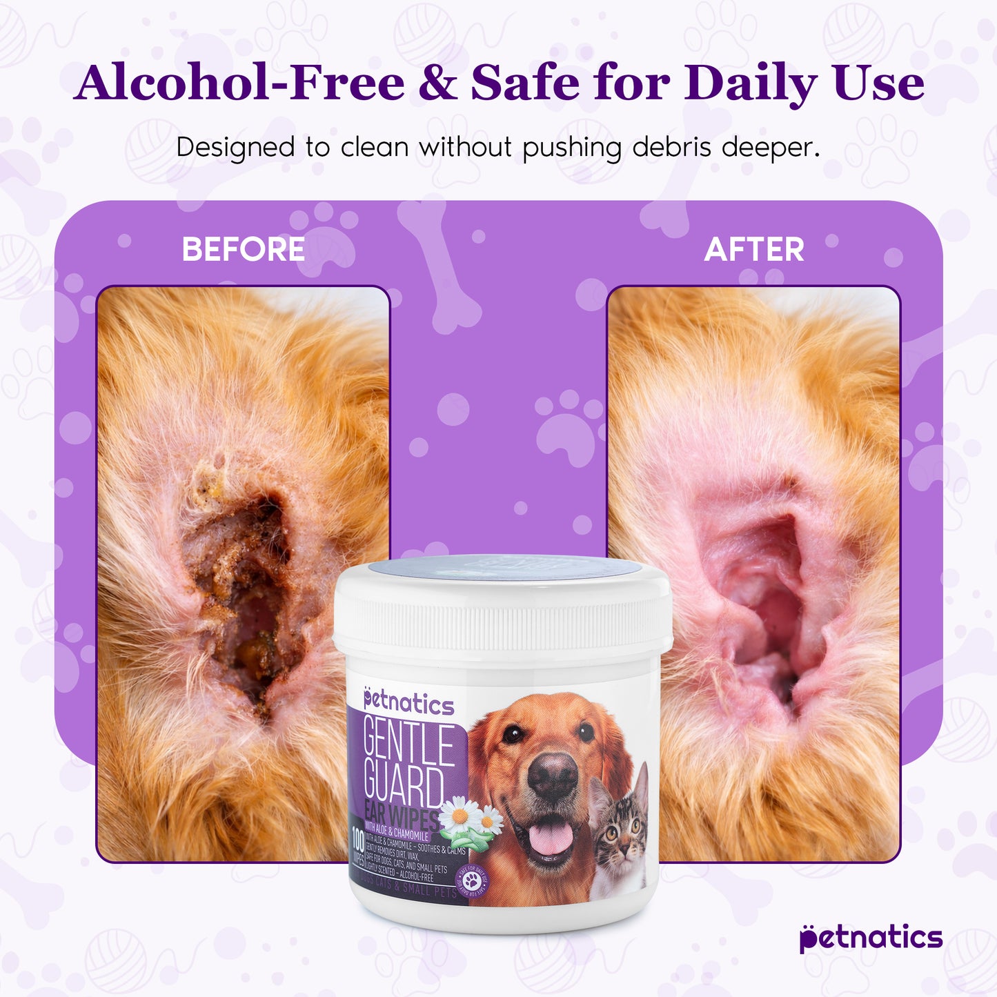 Gentle ear wipes for dogs and cats displayed with before and after images of clean ears.