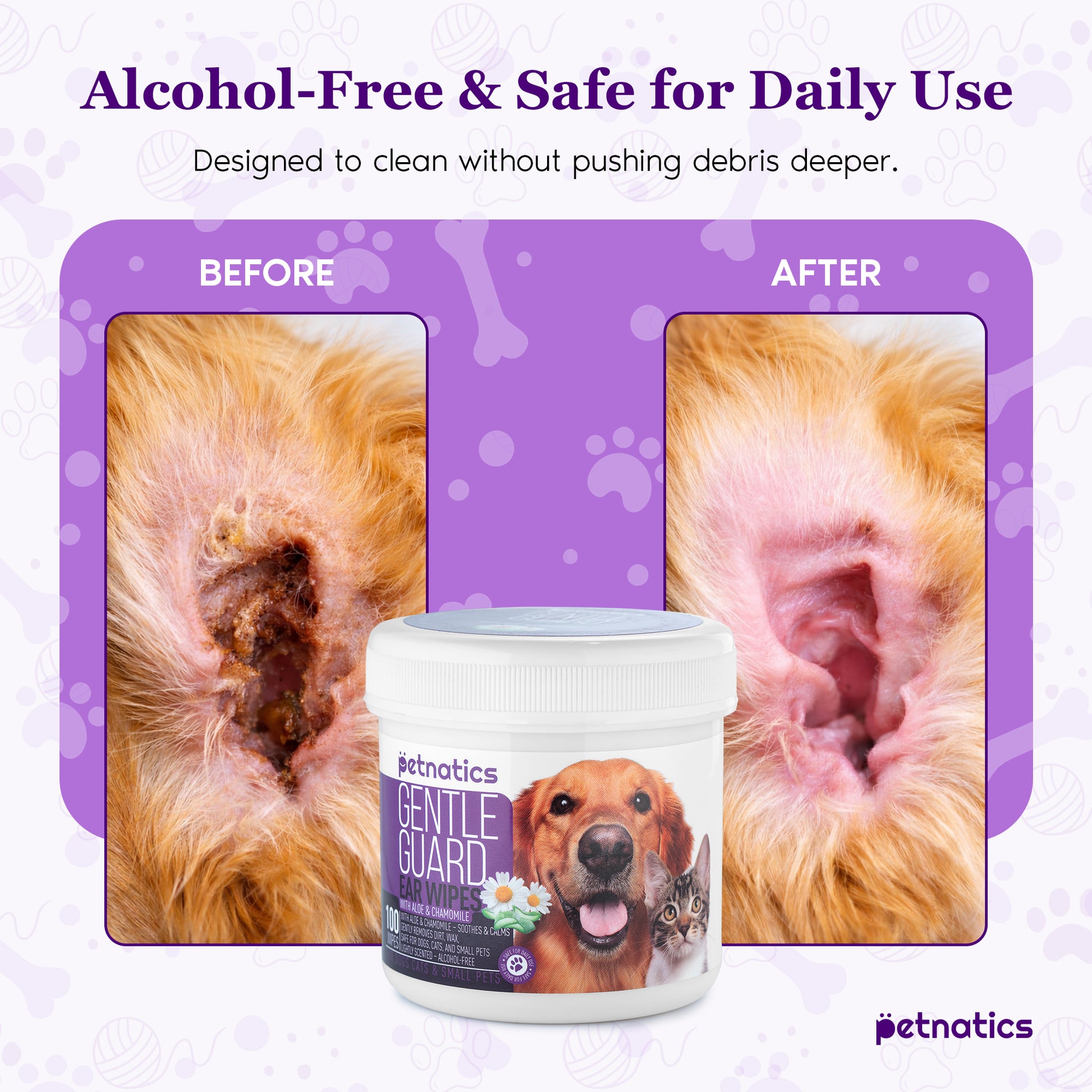 Gentle ear wipes for dogs and cats displayed with before and after images of clean ears.