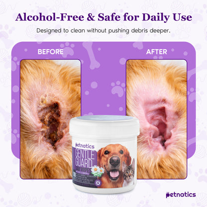 Gentle ear wipes for dogs and cats displayed with before and after images of clean ears.
