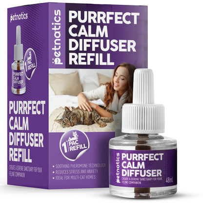 Petnatics Purrfect Calm Diffuser refill packaging and bottle on a white background