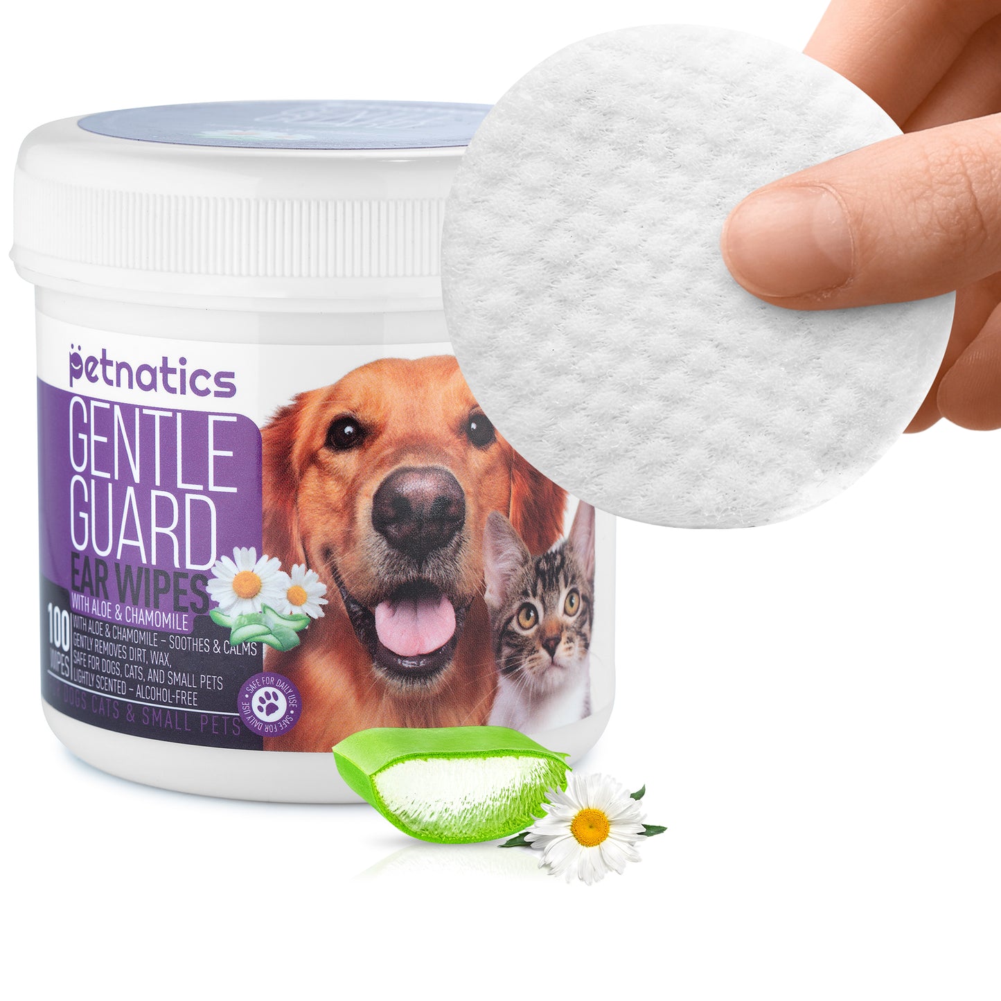 Gentle ear wipes for dogs and cats in a jar with a dog and cat on the label, enriched with chamomile and aloe.