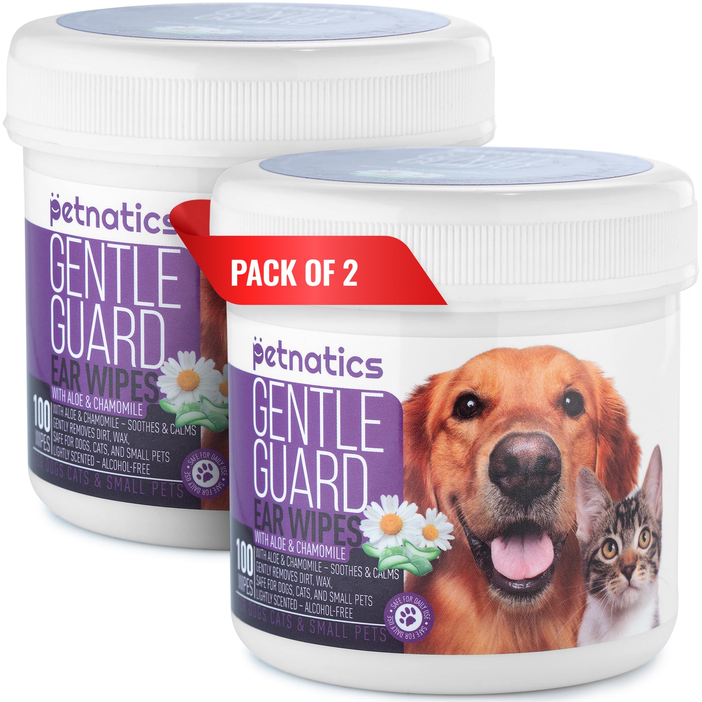 Gentle ear wipes for dogs and cats pack of 2, enriched with aloe and chamomile for clean ears.