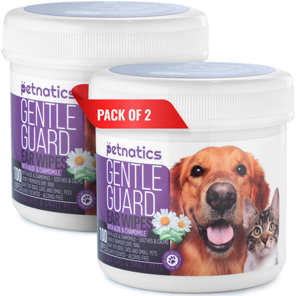 Gentle ear wipes for dogs and cats pack of 2, enriched with aloe and chamomile for clean ears.