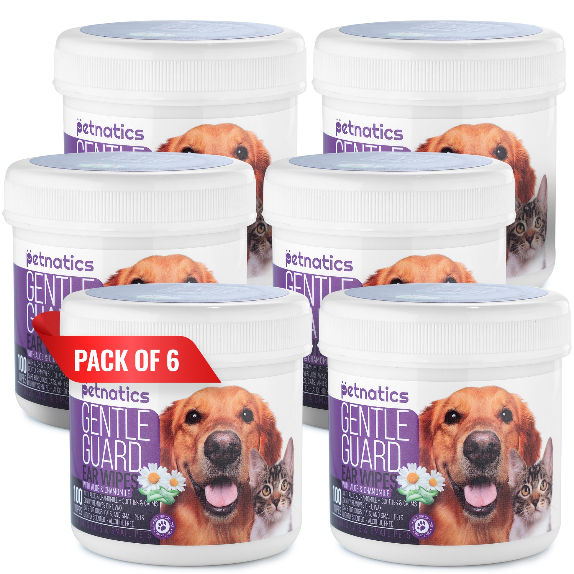 Gentle ear wipes for dogs and cats, pack of 6, featuring soothing chamomile and aloe for clean pet ears.